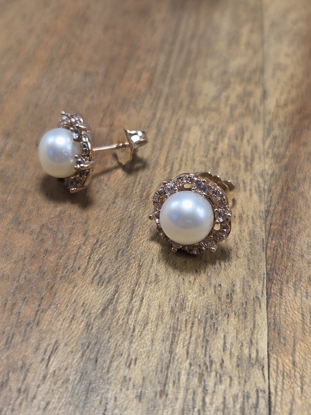 Classic Pearl White Sapphire Halo Stud Earrings in 10k Rose Gold